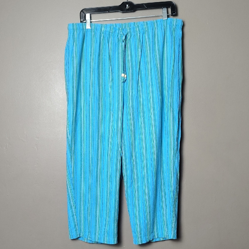 Studio Works Blue/Green Striped Linen Blend Cropped Pants W Front Bead Tie XL